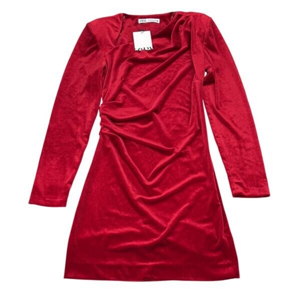NWT ZARA Velvet Draped Asymmetric Neck Padded Shoulders Mini Dress Sz Medium Red - Picture 12 of 15